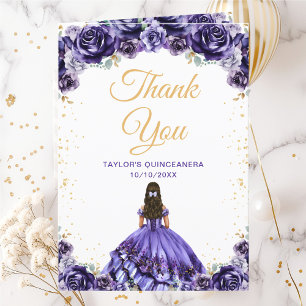 Dark Purple Princess Floral Quinceañera Letterpress Thank You Card