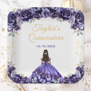 Dark Purple Princess Floral Quinceañera Paper Plates
