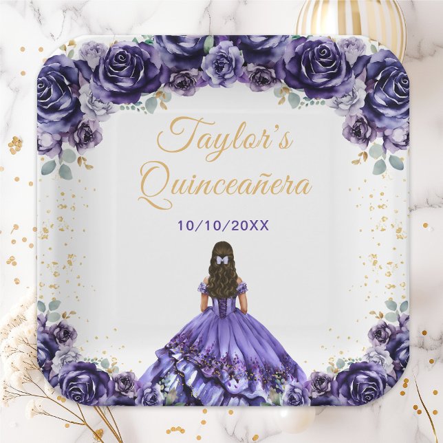 Dark Purple Princess Floral Quinceañera Paper Plates (Creator Uploaded)