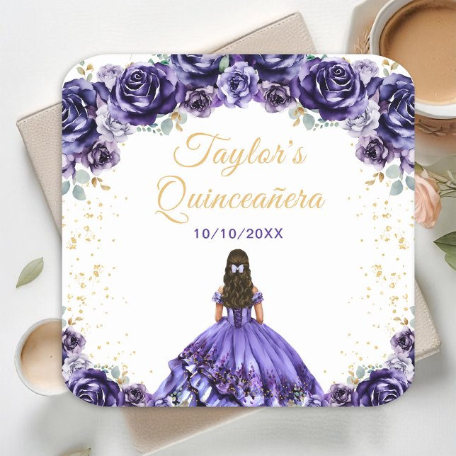 Dark Purple Princess Floral Quinceañera Square Paper Coaster (Creator Uploaded)