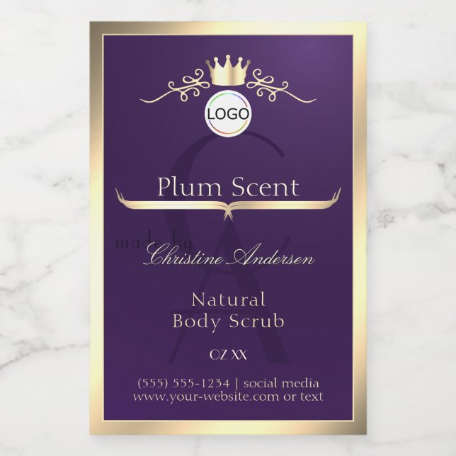 Dark Purple Product Label Gold Frame Logo Monogram (Single Label)