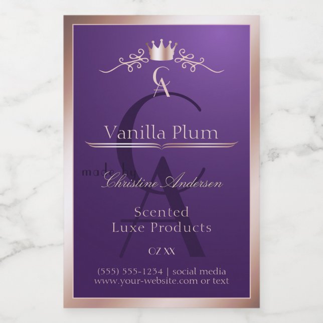 Dark Purple Product Label Rose Gold Frame Monogram (Single Label)