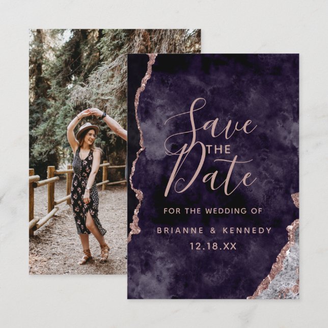 Dark Purple Rose Gold Agate Marble Photo on Back Save The Date (Front/Back)