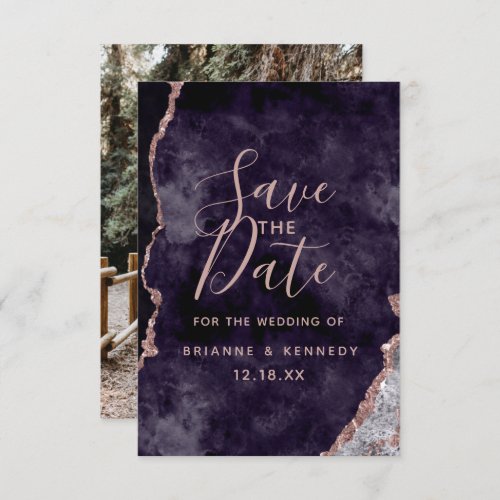 Dark Purple Rose Gold Agate Marble Photo on Back Save The Date