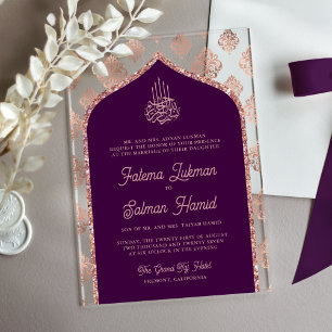 Dark Purple Rose Gold Damask Arch Muslim Wedding Acrylic Invitations