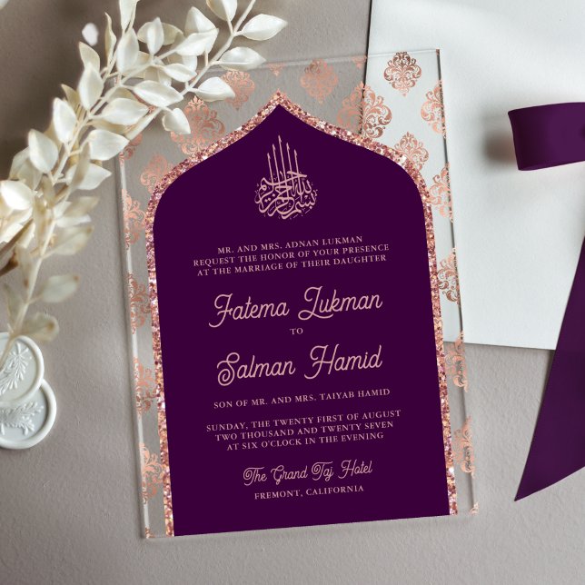 Dark Purple Rose Gold Damask Arch Muslim Wedding Acrylic Invitations (Creator Uploaded)