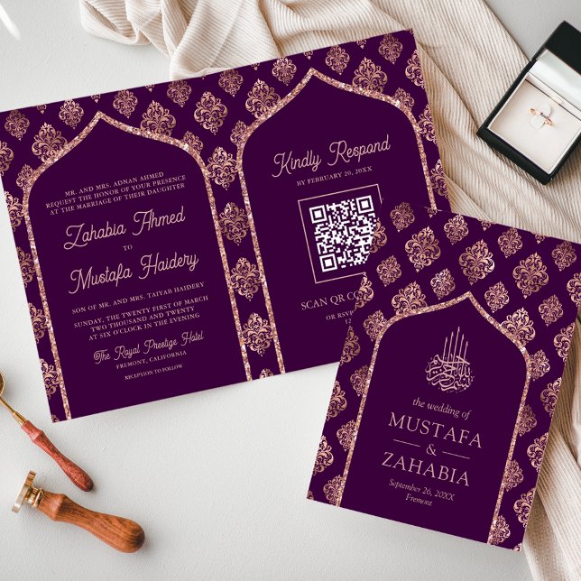 Dark Purple Rose Gold Damask Arch QR Code Muslim Invitation (Creator Uploaded)