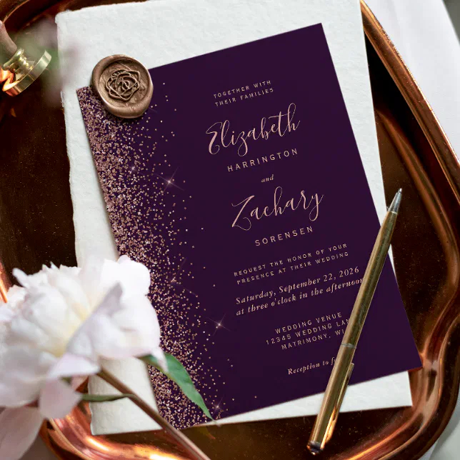Dark Purple Rose Gold Faux Glitter Edge Wedding Invitation | Zazzle