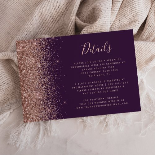 Dark Purple Rose Gold Glitter Wedding Details Enclosure Card