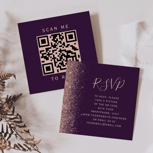 Dark Purple Rose Gold Glitter Wedding QR Code RSVP Enclosure Card