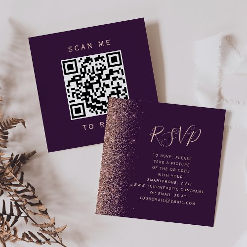 Dark Purple Rose Gold Glitter Wedding QR Code RSVP Enclosure Card