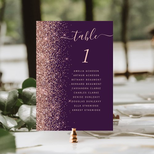 Dark Purple Rose Gold Glitter Wedding Table Number