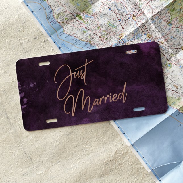 Dark Purple & Rose Gold Wedding Just Married License Plate (In Situ)