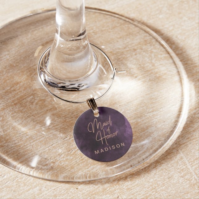 Dark Purple Rose Gold Wedding Maid of Honor Wine Charm (In Situ)