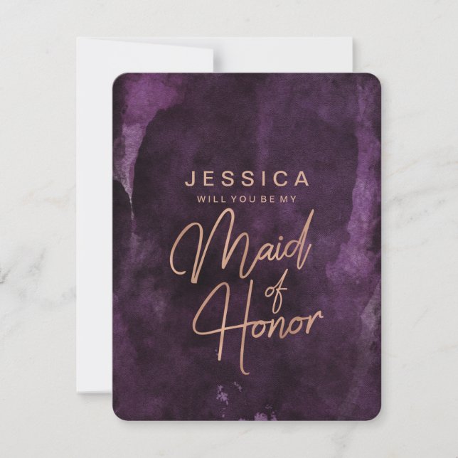 Dark Purple Rose Gold Will You Be My Maid of Honor Invitation (Front)