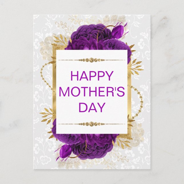 Dark Purple Roses & Gold Glitter Mother's Day Postcard (Front)