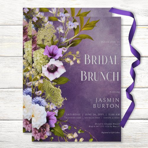 Dark Purple  Sage Floral Modern Bridal Brunch Invitation