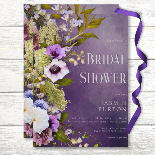 Dark Purple  Sage Floral Modern Bridal Shower Invitation