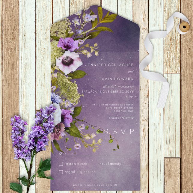 Dark Purple & Sage Green Floral Modern No Dinner All In One Invitation (Creator Uploaded)