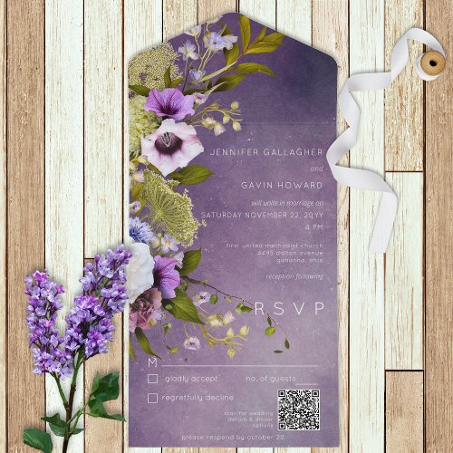 Dark Purple  Sage Green Floral Modern QR Code All In One Invitation