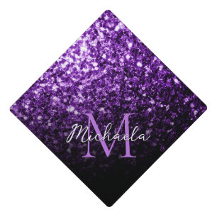 Dark purple shiny faux glitter sparkle Monogram Graduation Cap Topper