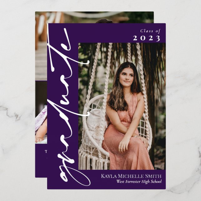 Dark Purple Silver Calligraphy Photo Graduation Foil Invitation (Front/Back)