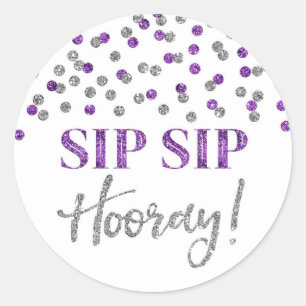 Dark Purple Silver Confetti Sip Sip Hooray Classic Round Sticker