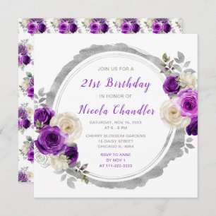Dark Purple Silver Elegant Flowers Birthday Party Invitation
