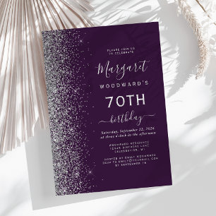 Dark Purple Silver Glitter 70th Birthday Party Invitation