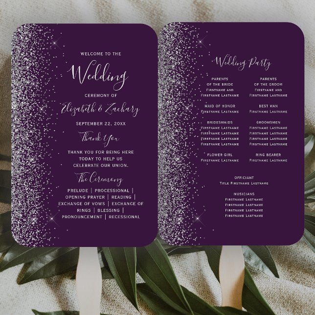 Dark Purple Silver Glitter Edge Wedding Program Hand Fan (Creator Uploaded)