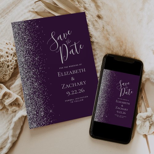 Dark Purple Silver Glitter Save the Date Announcement