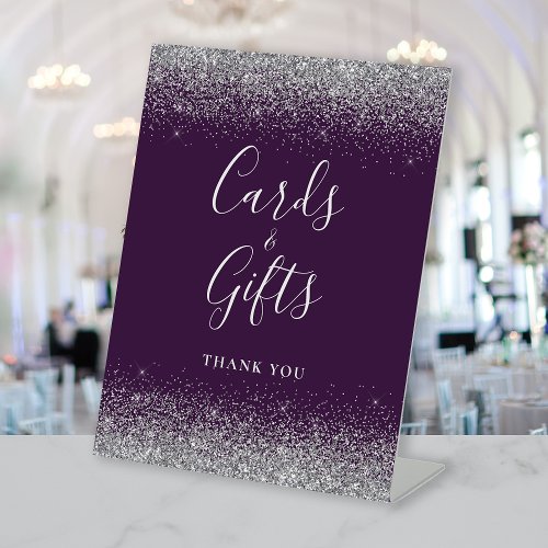 Dark Purple Silver Glitter Wedding Cards and Gifts Pedestal Sign