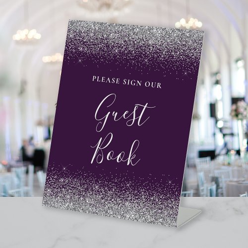 Dark Purple Silver Glitter Wedding Guest Book Pedestal Sign