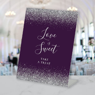 Dark Purple Silver Glitter Wedding Love Is Sweet Pedestal Sign
