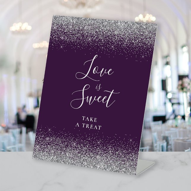 Dark Purple Silver Glitter Wedding Love Is Sweet Pedestal Sign (Creator Uploaded)