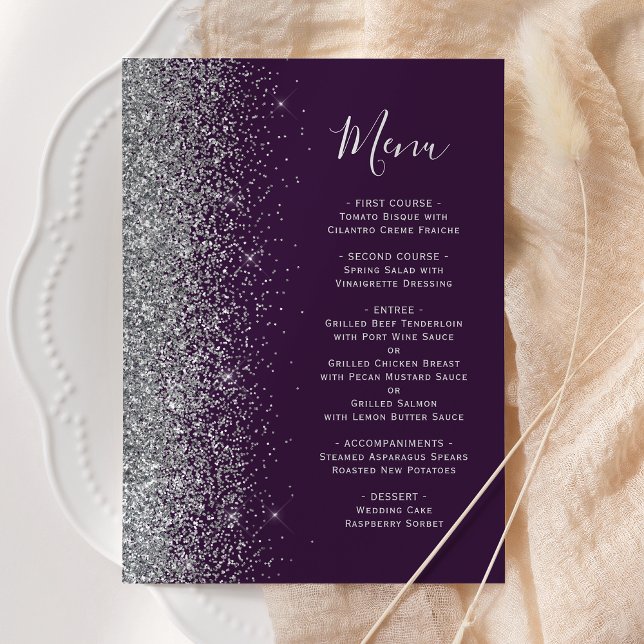Dark Purple Silver Glitter Wedding Menu (Creator Uploaded)