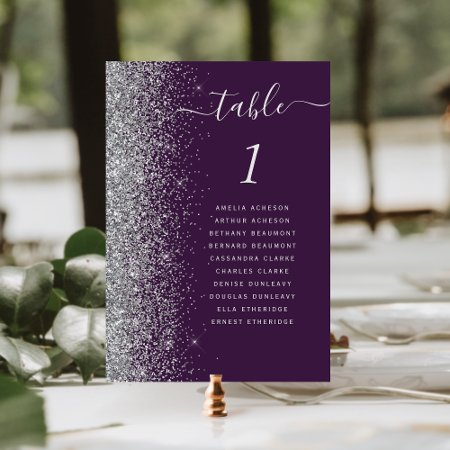 Dark Purple Silver Glitter Wedding Table Number