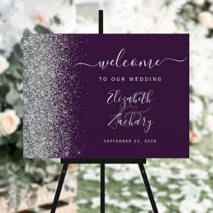 Dark Purple Silver Glitter Wedding Welcome Sign