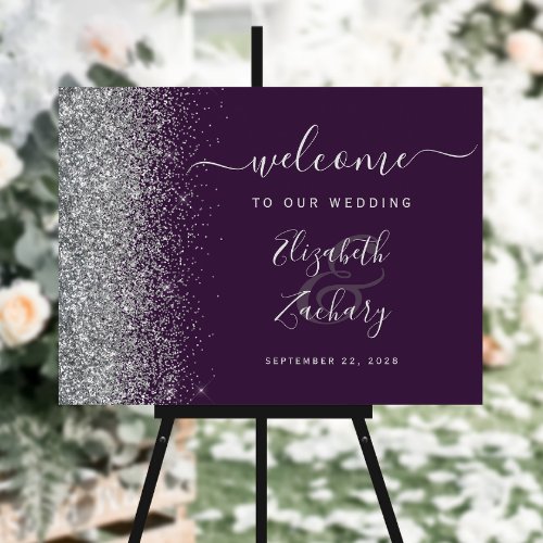 Dark Purple Silver Glitter Wedding Welcome Sign