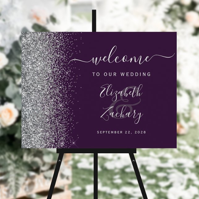 Dark Purple Silver Glitter Wedding Welcome Sign (Creator Uploaded)