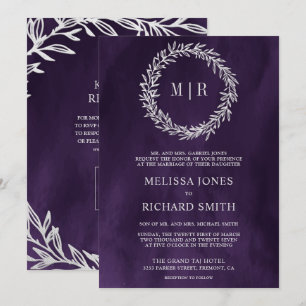 Dark Purple Silver Leaf Branch QR Code Wedding Invitation