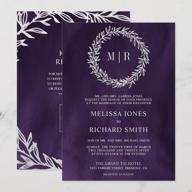 Dark Purple Silver Leaf Branch QR Code Wedding Invitation (Front/Back)