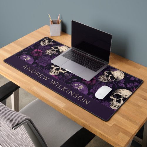 Dark Purple Skulls Roses Gothic Desk Mat