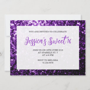 Dark purple sparkles Sweet 16 elegant script Invitation