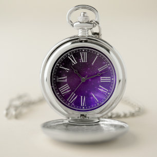 Dark Purple Stars Galaxy Gradient Twilight Pocket Watch
