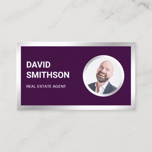 Dark Purple Steel Silver Photo Real Estate Agent Business Card