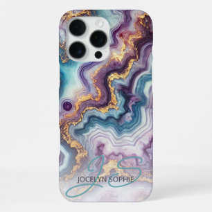 Dark Purple Teal Blue Gold Marble Art Pattern iPhone 16 Pro Max Case