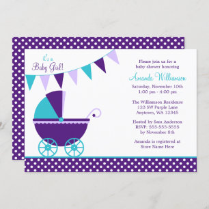Dark Purple Teal Bunting Carriage Baby Shower Invitation
