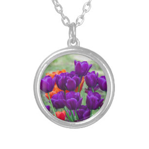 Dark purple tulips  jigsaw    silver plated necklace
