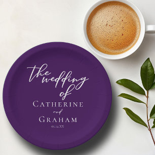 Dark Purple Typography Personalized Wedding Paper Plates